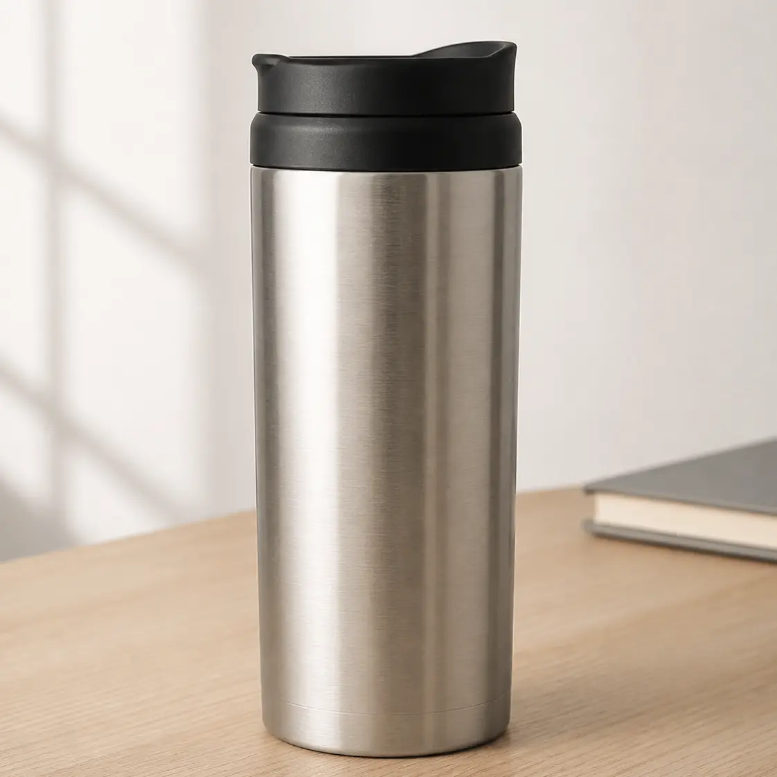 Stainless travel mug on a desk